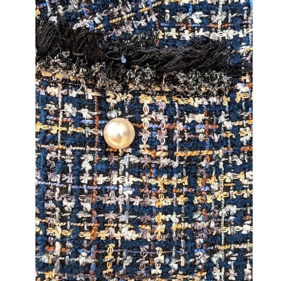 Melanie Lyne Multi-Colored Blue Tweed Open Front Blazer Jacket Frayed Trim Sz 4 - Picture 6 of 7